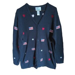 Quacker Factory Women Sweater M Patriotic Embroidered Heart Flag Star Classic